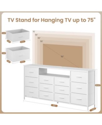 63" Dresser TV Stand for 65–75 Inch TVs, Fabric Chest of Drawers with Charging Station, LED Lights, Open Shelves & 12 Drawers