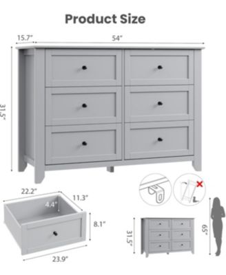wooden construction features six deep drawers, metal knobs, and a wide 54-inch design, created as a modern dresser