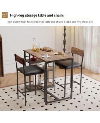 3Pcs Dining Table Set for 2, Kitchen Table and Chairs for 2 with 3 Storage Shelves, Pu Cushion Chairs & Thick Wood Top, 3Pcs Dining Table Set