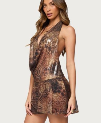 Women's Printed Mesh Metallic Cowl Neck Mini Dress