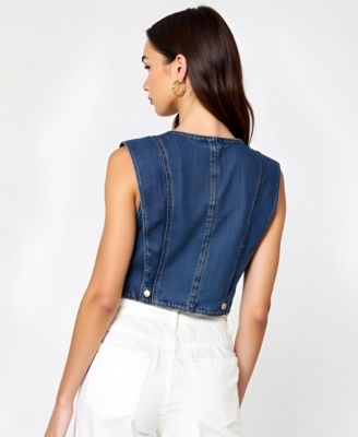 Women's V-Neck Button-Front Angled Hem Denim Vest