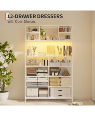 Dresser for Bedroom, 12-Drawer Fabric Chest with LED Lighting, Power Outlet and Open Shelves, Wood Top & Metal Frame for Bedroom