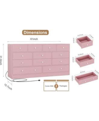 12 Drawer 61in Modern Dresser with Charging Station, Large TV Stand Storage Organizer for Bedroom Nursery Living Room