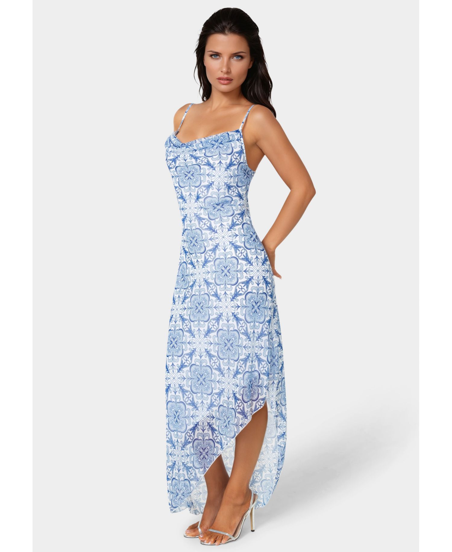 Women's Printed Chiffon Cowl Assy Maxi Dress