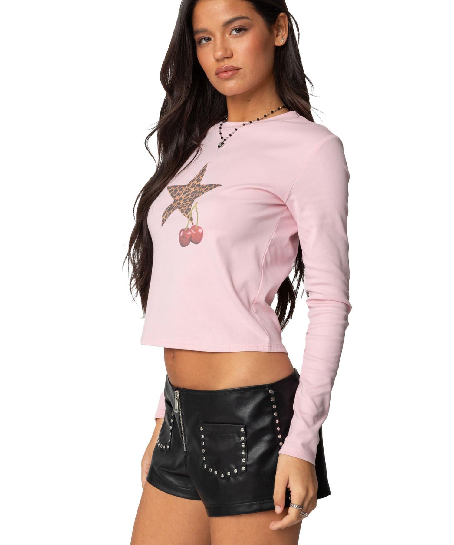 Women's Cherry Leopard Star Long Sleeve T Shirt