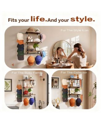 Wall Hat Rack with Shelves for Hats, Caps, & Decor