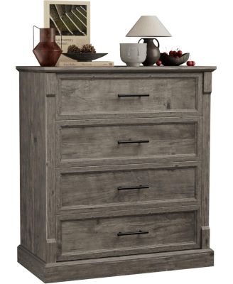 Farmhouse 4 Drawer Dresser for Bedroom, Tall Chest of Drawers with Metal Handles, Rustic Wooden Dresser TV Stand, for Living Room, Hallway