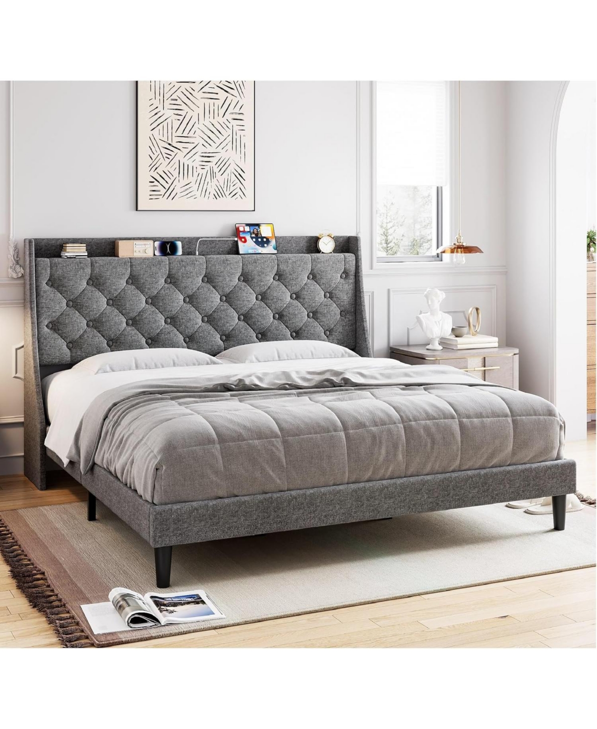 gaomon Frame with Charging Ports & Storage Shelf, Upholstered Platform Bed with Wingback Headboard, No Box Spring Needed, Easy Assembly