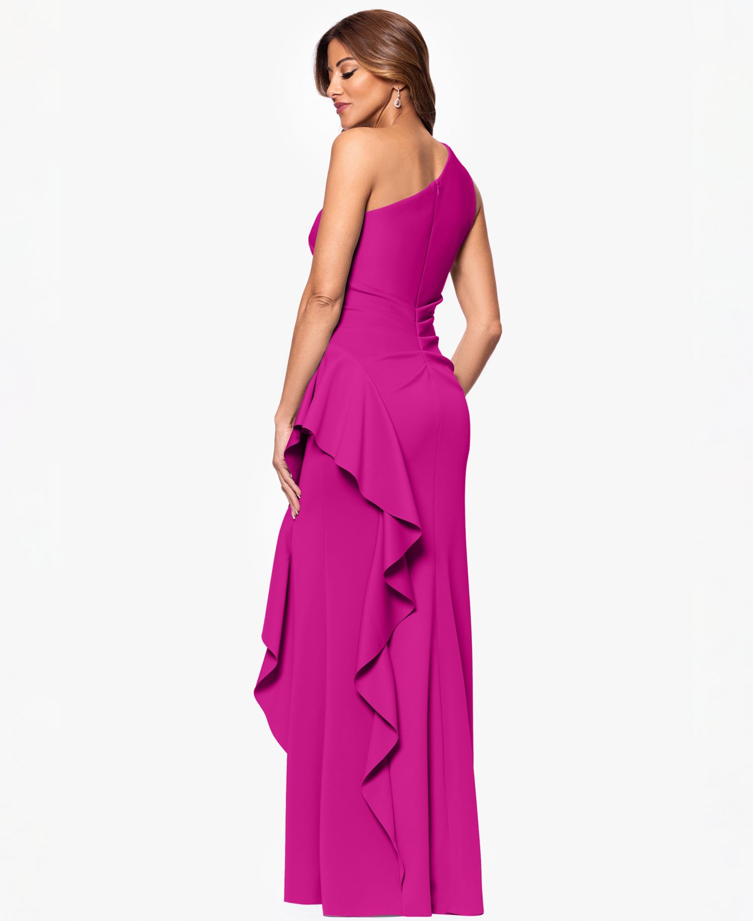 Petite Ruffled One-Shoulder Scuba Gown
