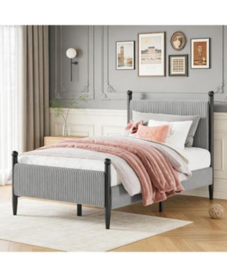 Twin Upholstered Bed Frame with Velvet Headboard, Corduroy Platform, No Box Spring