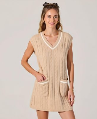 Women's Cable Knit Sleeveless V-Neck Contrast Stripe Mini Dress