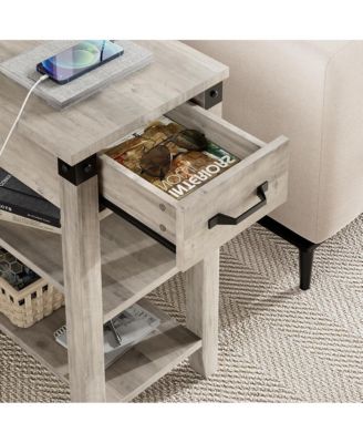 End Table with USB Ports and Outlets, Flip Top Side Table Narrow Bedside Table with Drawer and Storage Shelves for Living Room