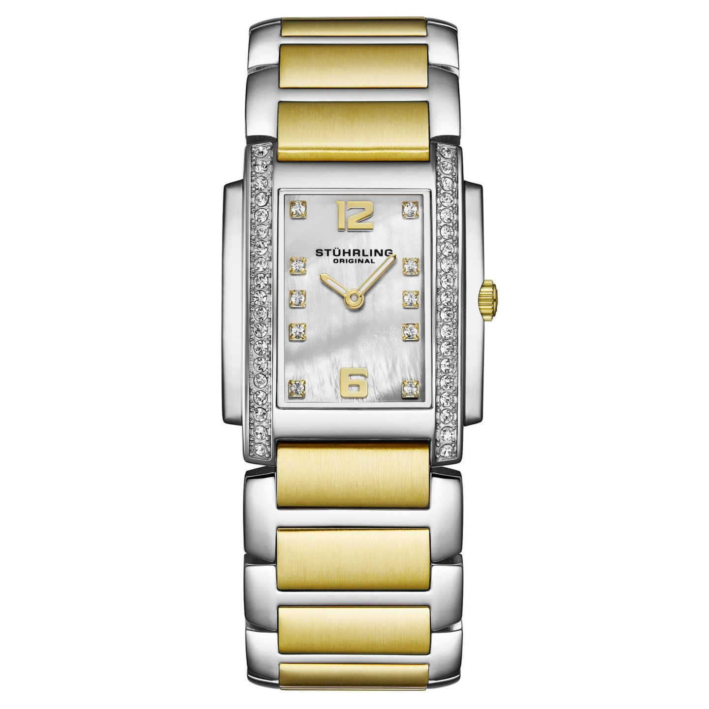 Женские часы Stuhrling Serafine Rectangular Quartz Watch, Two-Tone Case, Mother-of-Pearl Dial & Swarovski Crystal Bezel, цвет: Двухцветный жёлтый — фото 1