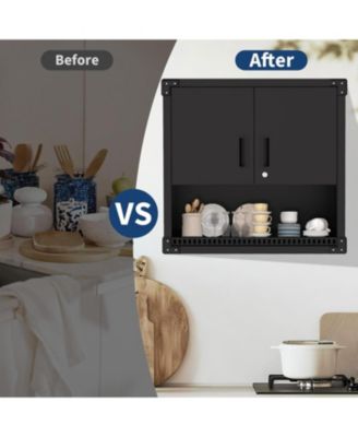 Heavy-Duty Floating Garage Wall Cabinet with Lock & Adjustable Shelves Steel Storage Organizer for Workshop, Warehouse