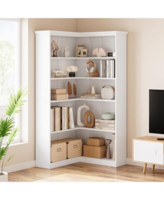 5-Tier Farmhouse Corner Bookshelf, 72.8" L Shaped Wood Display Rack, Half Panel, Living Room, Office