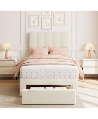 Bed Frame, Boucle Upholstered Platform Bed with Wave Headboard Easy Assembly, Wooden Slats Support, No Box Spring Needed