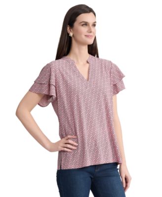 Petite Knit Flutter Sleeve Band Collar Top