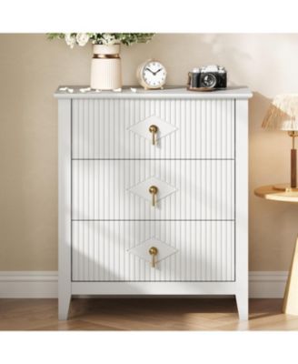 "28" wide modern 3 drawer dresser with metal handle—wood storage chest for bedroom or living room."