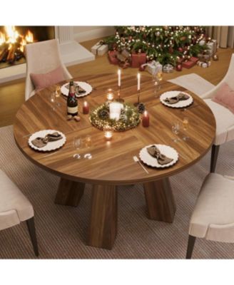 47" Round Dining Table for 4-6, Wood Kitchen Table with Sturdy Base, Farmhouse Circle Dinner Table for Dining Room, Living Room, 4 Strong Legs