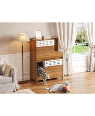 Modern 2-in-1 Cat Furniture: Litter Box Cabinet & Cat House Side Table with Storage
