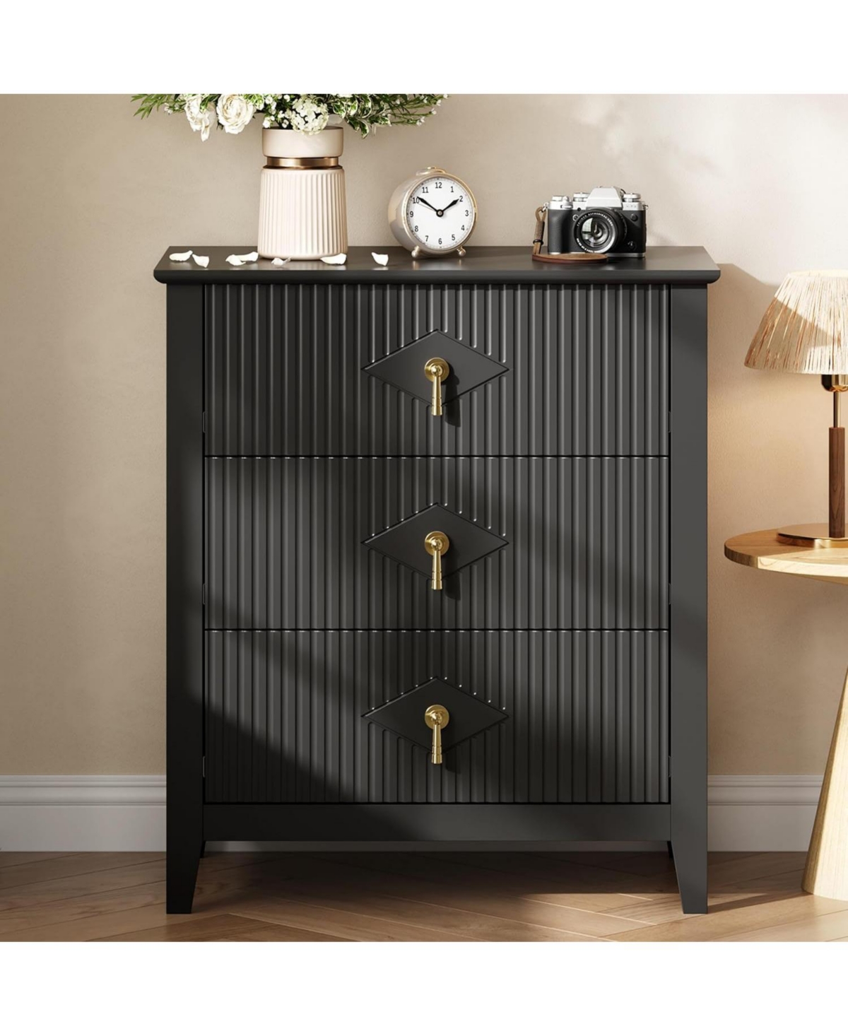 Draft - gaomon "28" wide modern 3 drawer dresser with metal handle—wood storage chest for bedroom or living room."