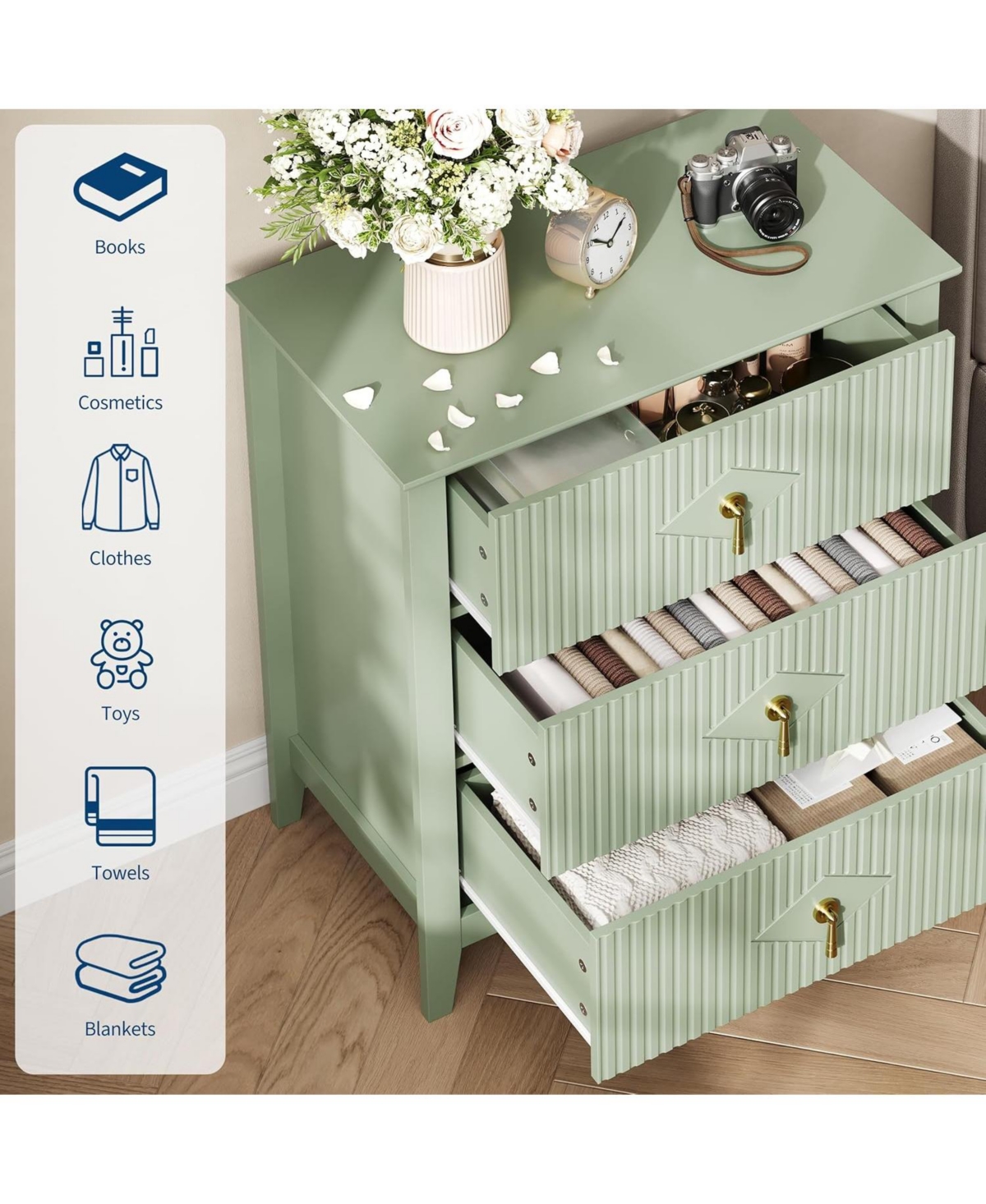 gaomon "28" wide modern 3 drawer dresser with metal handle—wood storage chest for bedroom or living room."
