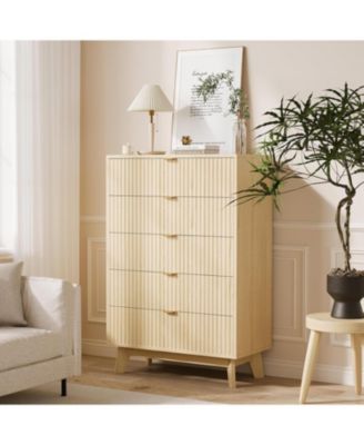 5 Drawer Dresser Set of 2, 32 in Tall Mid Century Modern Dresser Drawers, Waveform Fluted Side Table, Wood Drawer Organizer