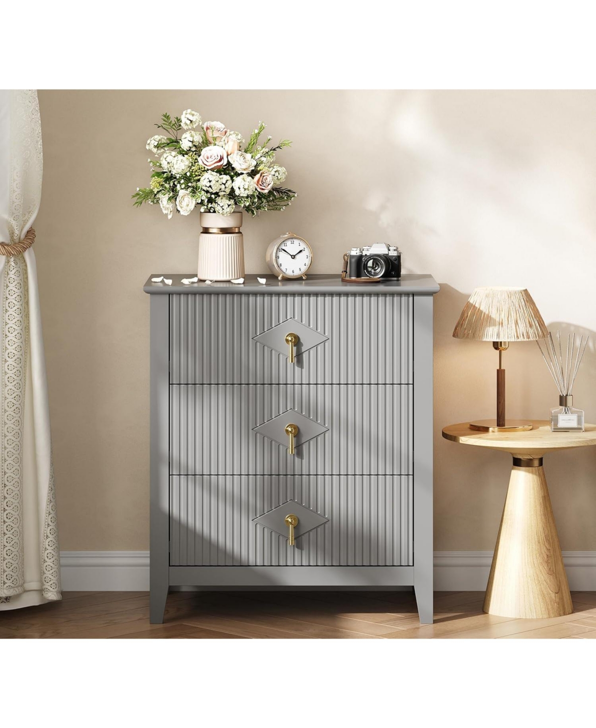 gaomon "28" wide modern 3 drawer dresser with metal handle—wood storage chest for bedroom or living room." - Grey
