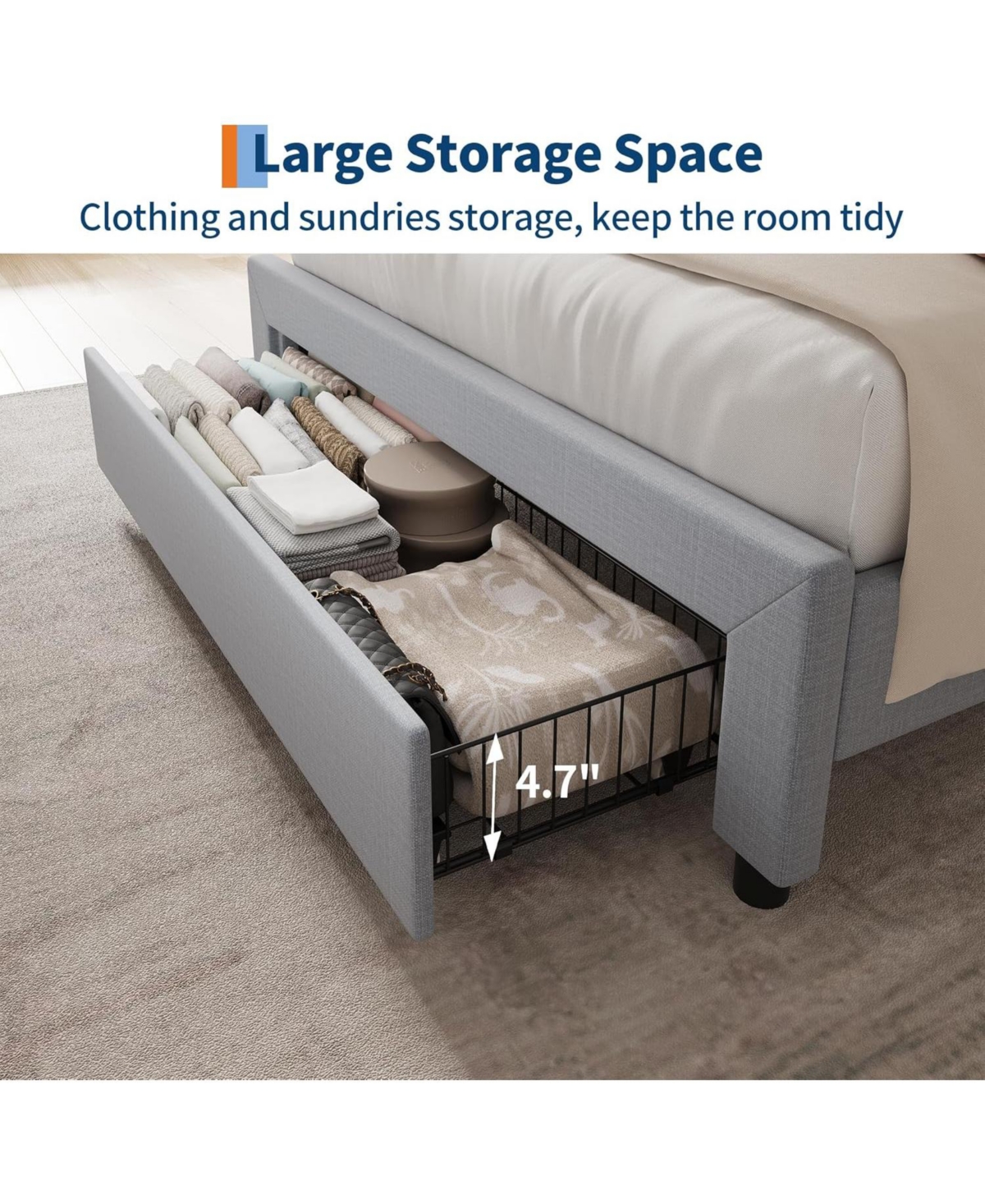gaomon Upholstered Bed Frame with Storage Headboard, Drawer, Charging Station, Linen Platform