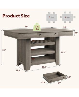 60" Counter Height Dining Table for 4, Farmhouse Rectangular Tall Bar Height Kitchen Dining Table & Thick Table Top, with Deepened Wine Rack