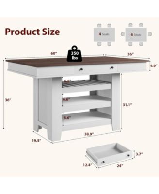 60" Counter Height Dining Table for 4, Farmhouse Rectangular Tall Bar Height Kitchen Dining Table & Thick Table Top, with Deepened Wine Rack