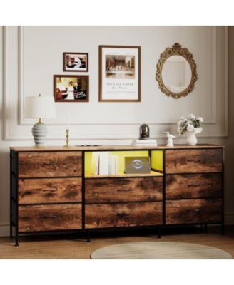 63" TV Stand with 8 Fabric Drawers and LED Lighting, Steel Frame Media Console for 65 70 75 Inch Televisions