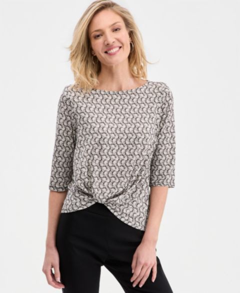 Женский топ JM Collection Printed Boat-Neck Twist-Front Top, цвет: Яркий белый