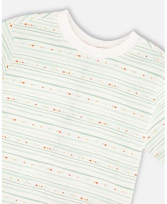 Toddler Boys Cotton T-Shirt White Printed Mint Green Lines