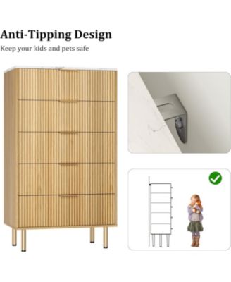 5-drawer dresser is a 47.9" tall wood piece with a fluted design and metal handles, designed as a functional chest of drawers