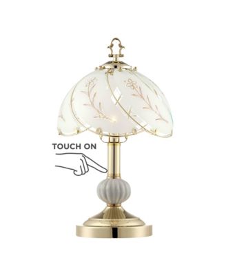 Traditional Accent Table Lamp 15" High Polished Brass Floral Etched Glass Shade Touch On Off for Bedroom Bedside