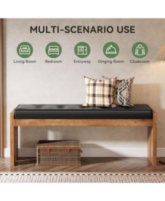 Solid Wood Dining Bench, Modern Kitchen Table Bench with Button-Tufted Leather Pad and Wooden Legs