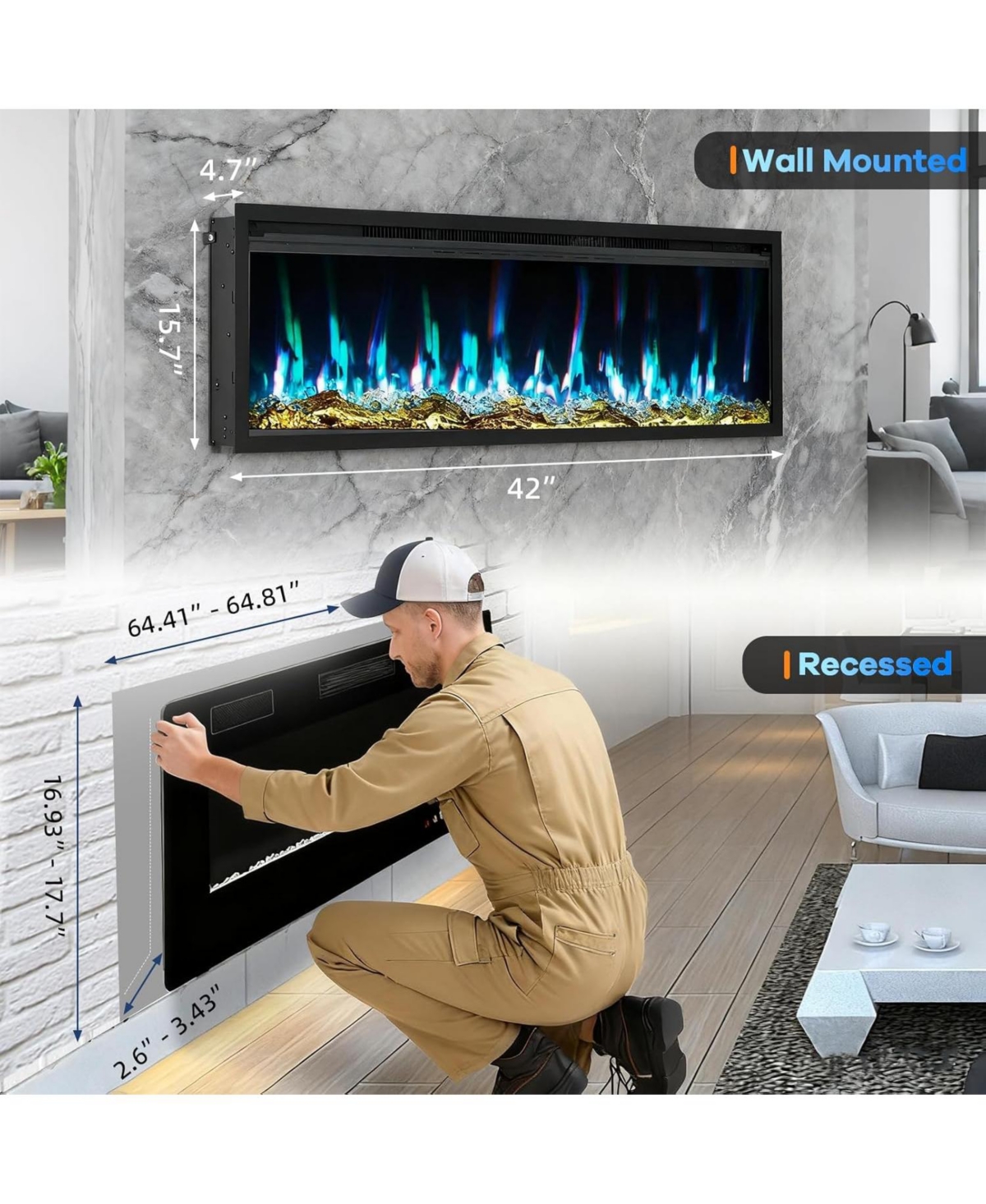 Gaomon 68" Ultra-Thin Electric Fireplace Wall Mounted or Recessed, Remote Control, 12-Color Flame, 750W/1500W Heater with Timer, Log & Crystal Op