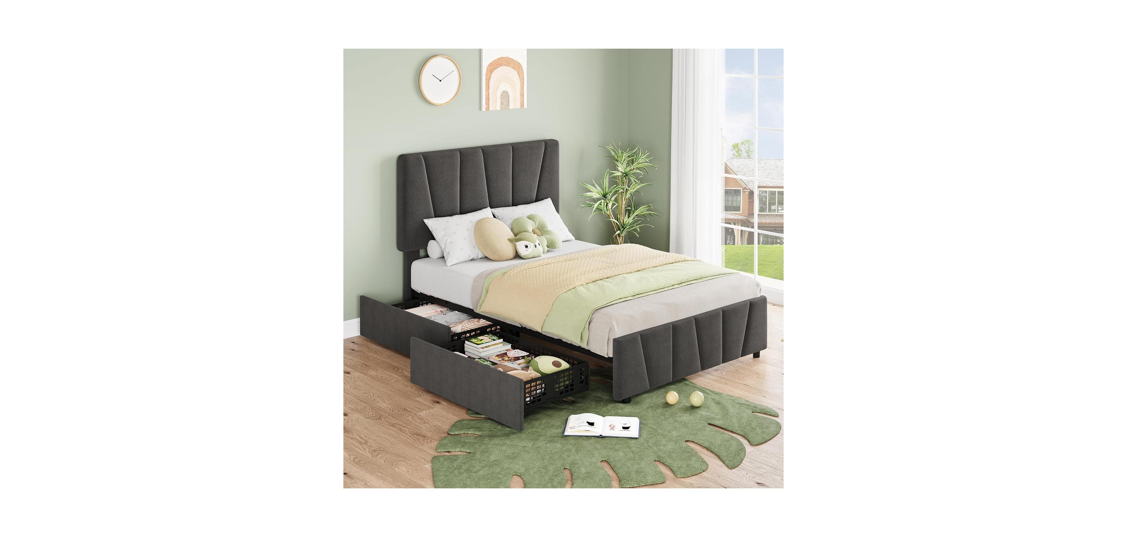 gaomon 2-Pack Twin Size Bed Frame with Adjustable Headboard & 2 Storage Drawers, Linen Upholstered Tufted Platform Bed Frame with Wooden Slats Support