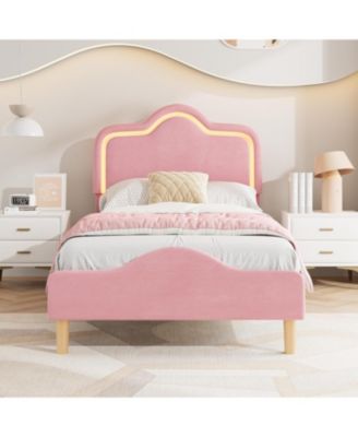 Twin Size Bed Frame with Adjustable LED Headboard, Velvet Upholstered Princess Platform Bedframe with Footboard for Kids/Girls