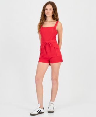 Juniors' Sleeveless Drawstring-Waist Denim Romper