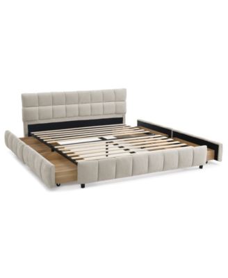 Queen Upholstered Bed Frame with Headboard and Storage Drawer, Chenille Fabric Queen Size Platform Bed with Solid Frame, No Box Spring Needed