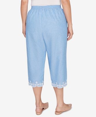 Plus Size Caribbean Blues Eyelet Embroidered Cuff Capri Pants