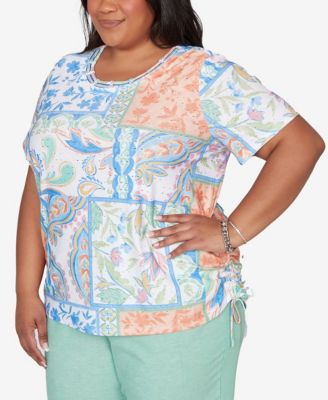 Plus Size Caribbean Blues Patchwork Scroll Side Tie Ruched Top