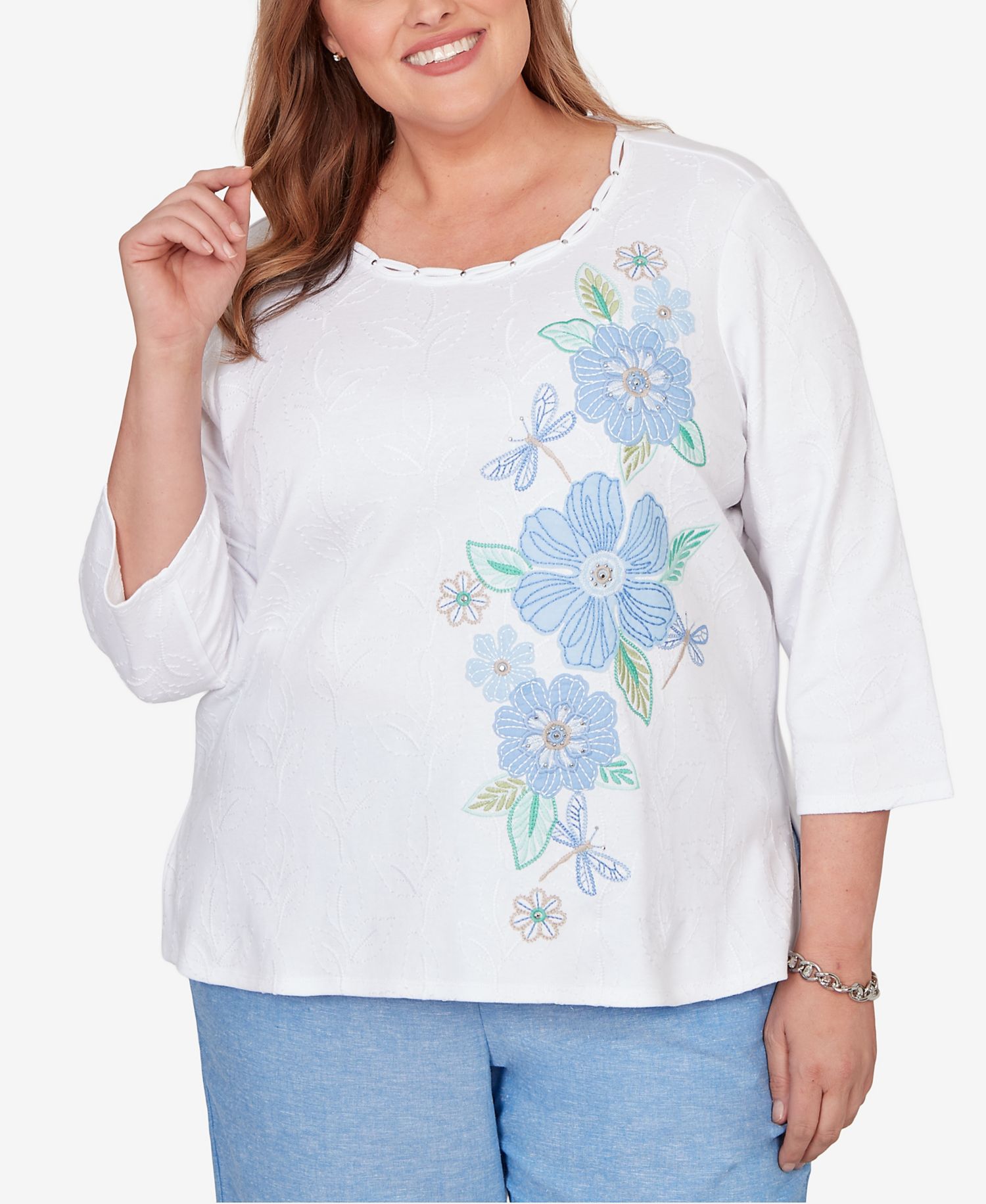 Plus Size Caribbean Blues Embroidered Dragonfly Floral Top