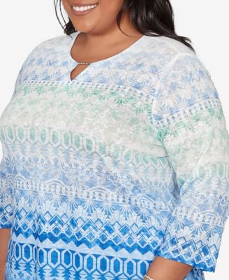 Plus Size Caribbean Blues Ombre Biadere Split Neck Top