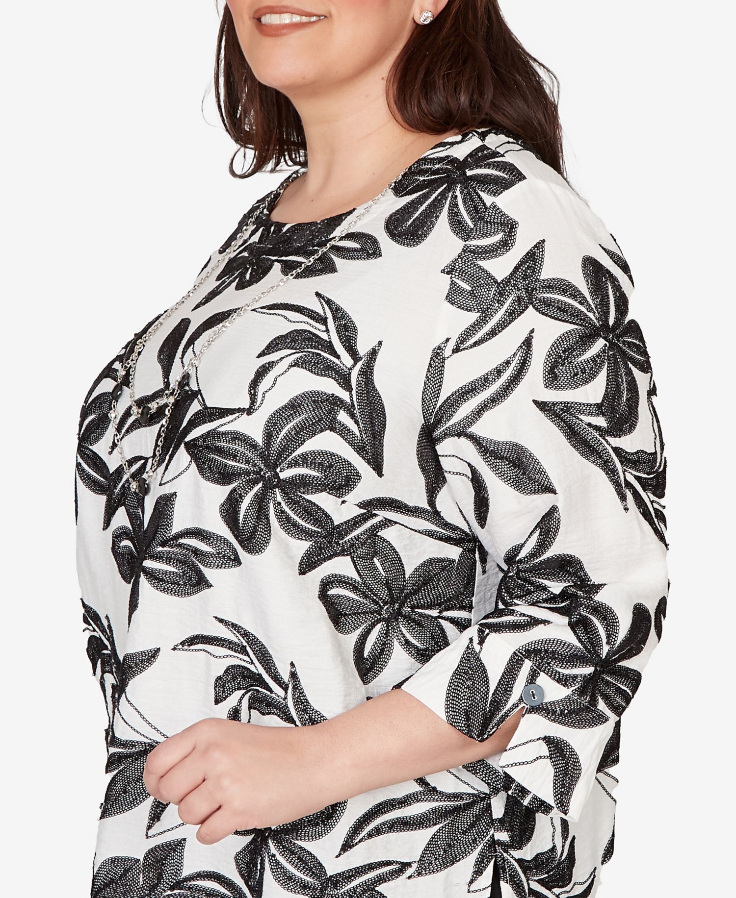 Plus Size Crowd Pleaser Embroidered Flower Top with Necklace