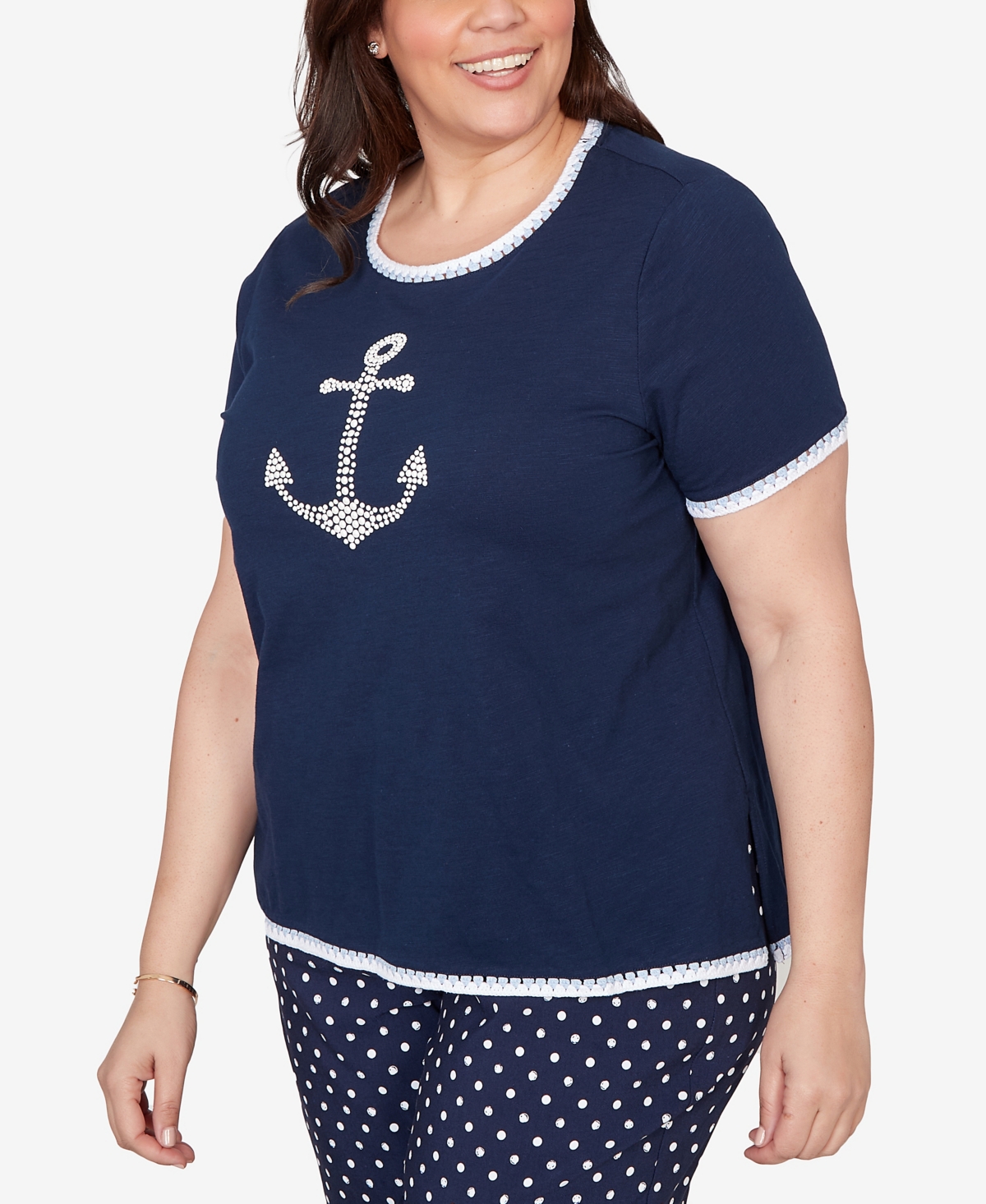Alfred Dunner Plus Port Side Pearl Anchor Graphic T-Shirt