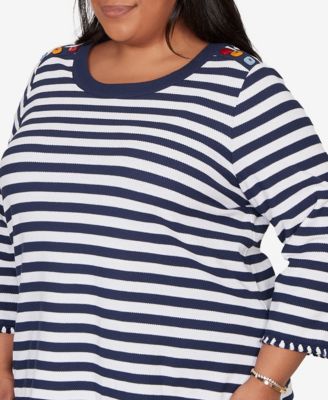 Plus Size Port Side Pique Stripe Button Detail Top