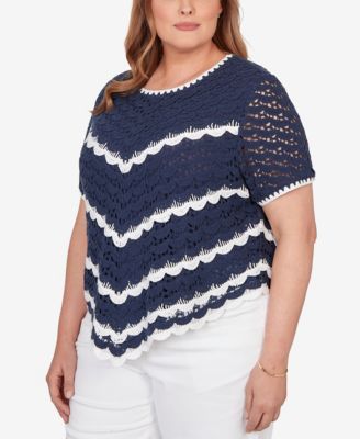 Plus Size Port Side Chevron Crochet Short-Sleeve Top